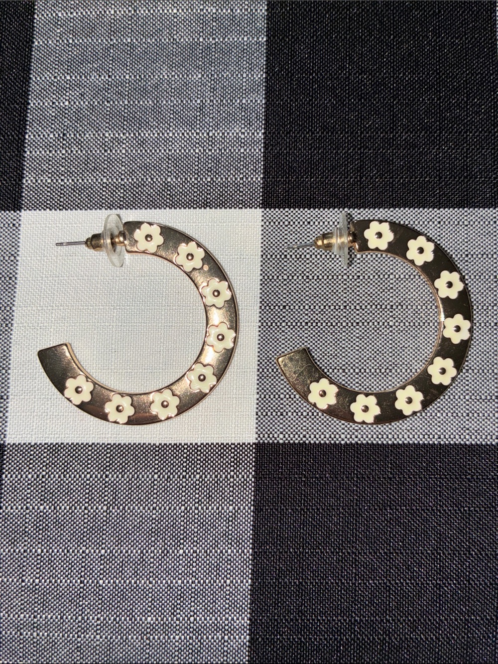 Gold Hoop Earrings with White Floral Accents